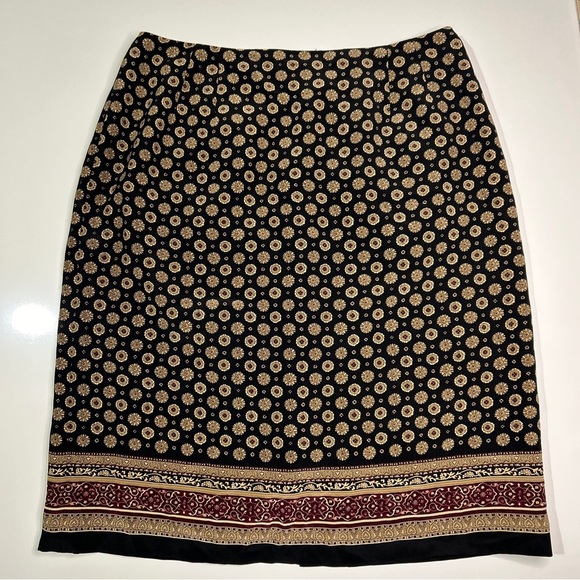 Talbots Silk Skirt Women’s 12 Black Gold Print Career Casual Invisible Zip - Picture 1 of 11
